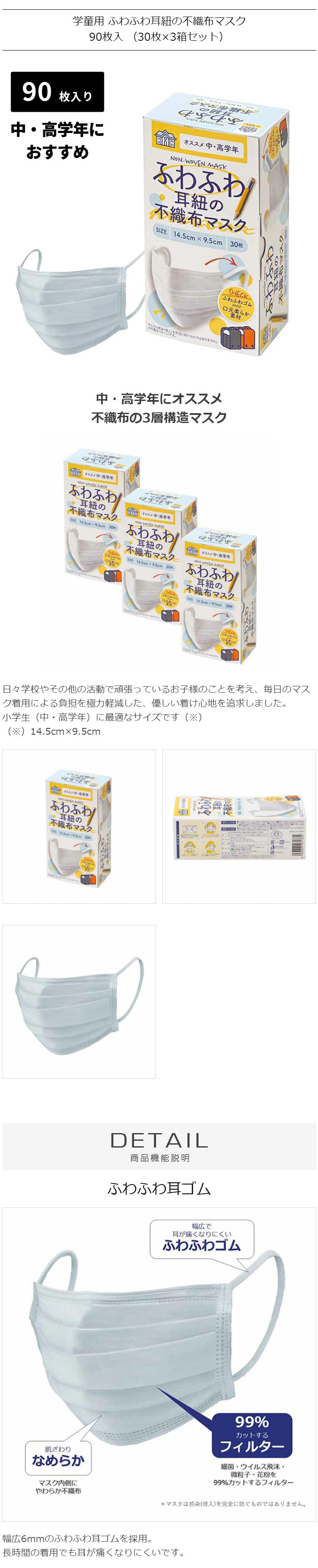 伊藤忠リーテイルリンク, 不織布マスク, 学童用 ふわふわ耳紐の不織布マスク 90枚入 （30枚×3箱セット）